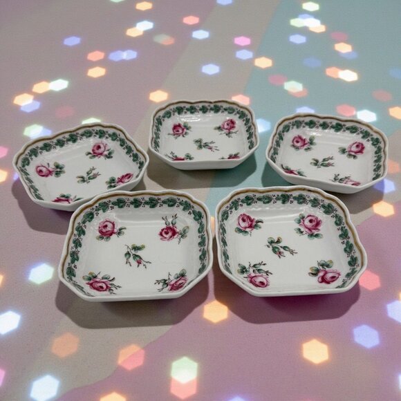 Vintage Richard Ginori Pink Rose Small Square Plates Set Of 5 Italian Porcelain - Picture 2 of 5